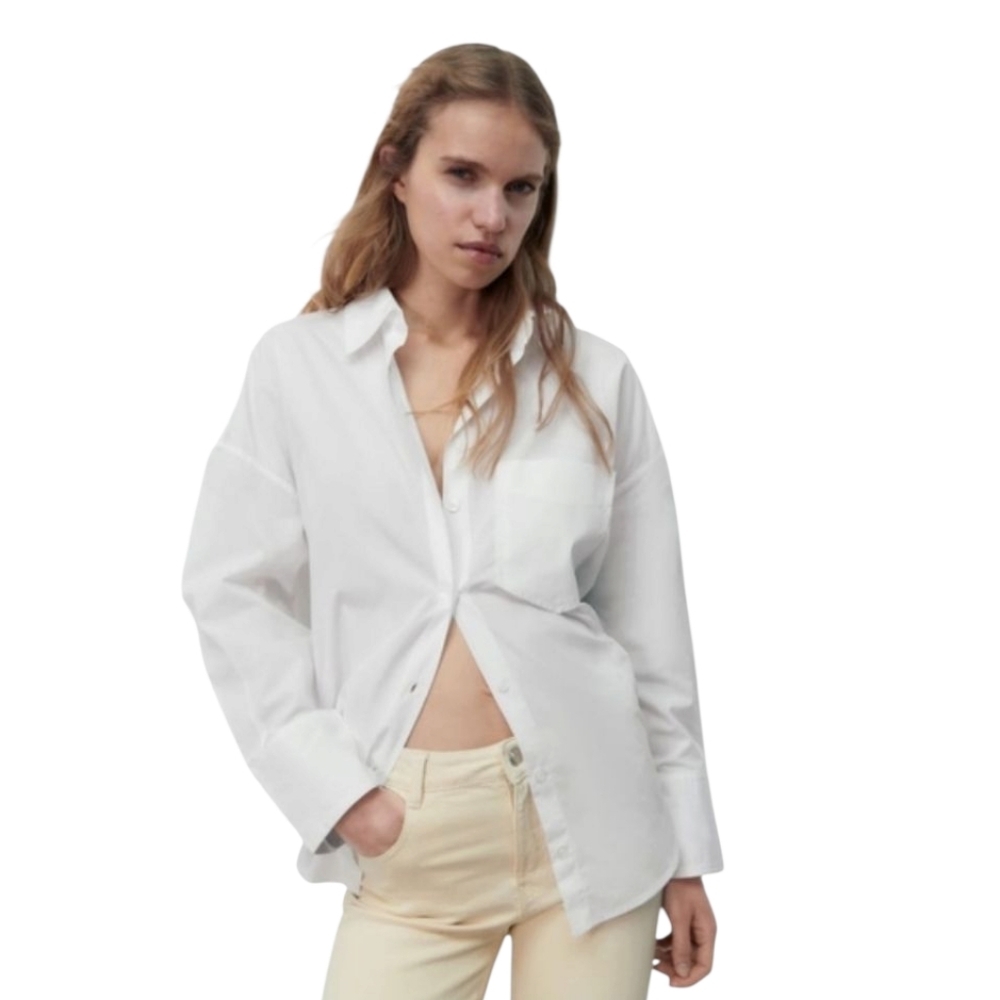 Zara Classic Oversized White Cotton Poplin Shirt w Chest Pocket women's large